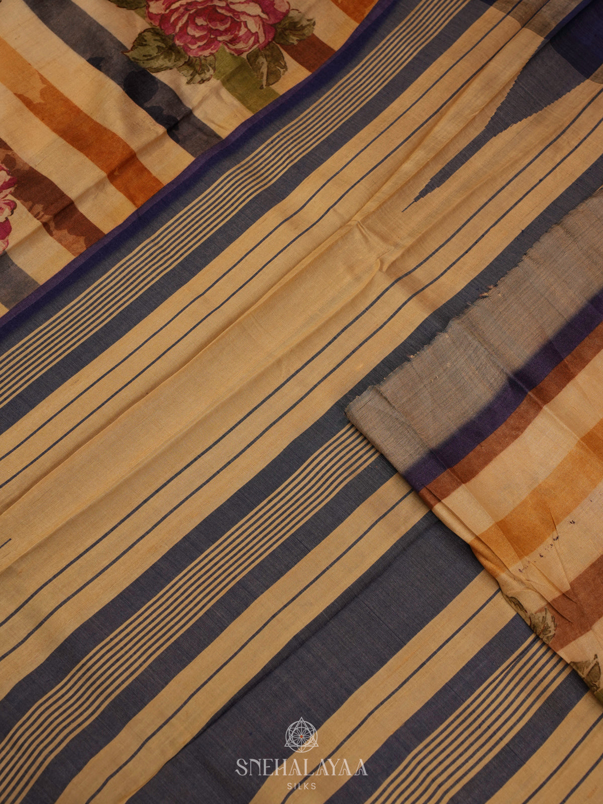 Beige Munga Tussar Saree with Purple Border