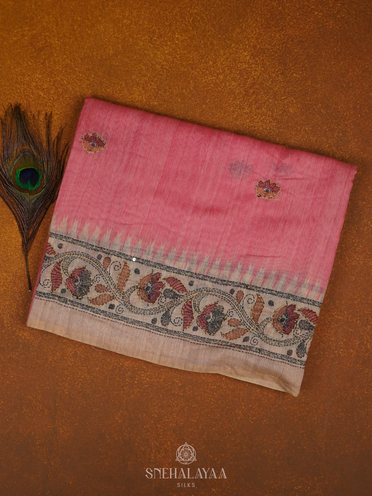 Pink Linen Embroidery Saree
