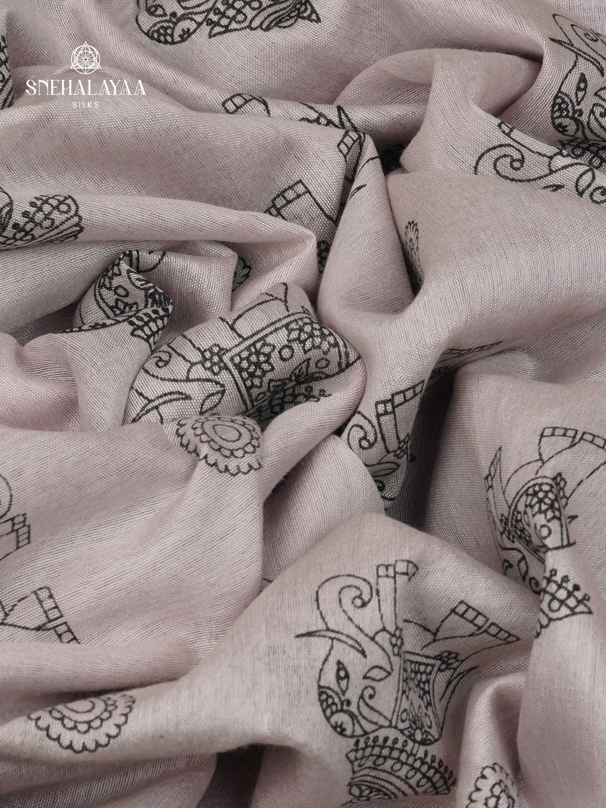 Off-White Kalamkari Saree with Purple Woven Border