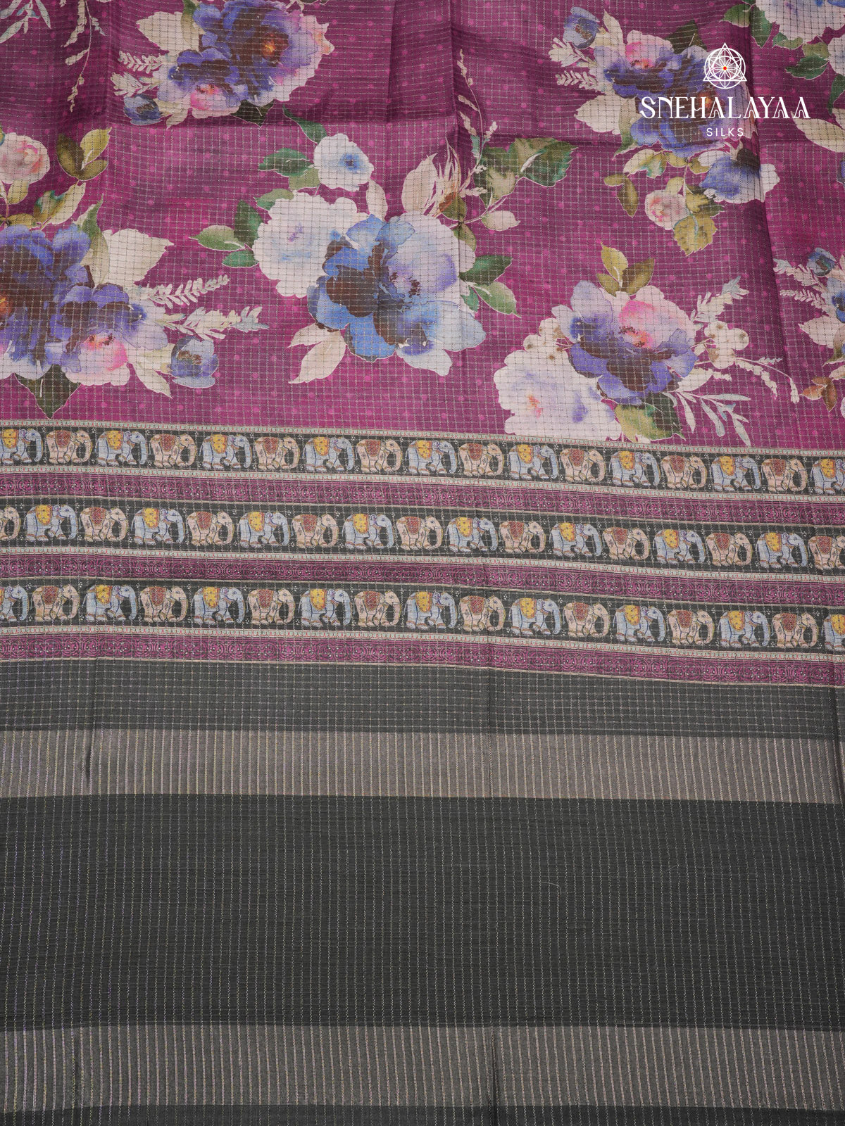 Magenta Floral Printed Tussar Saree