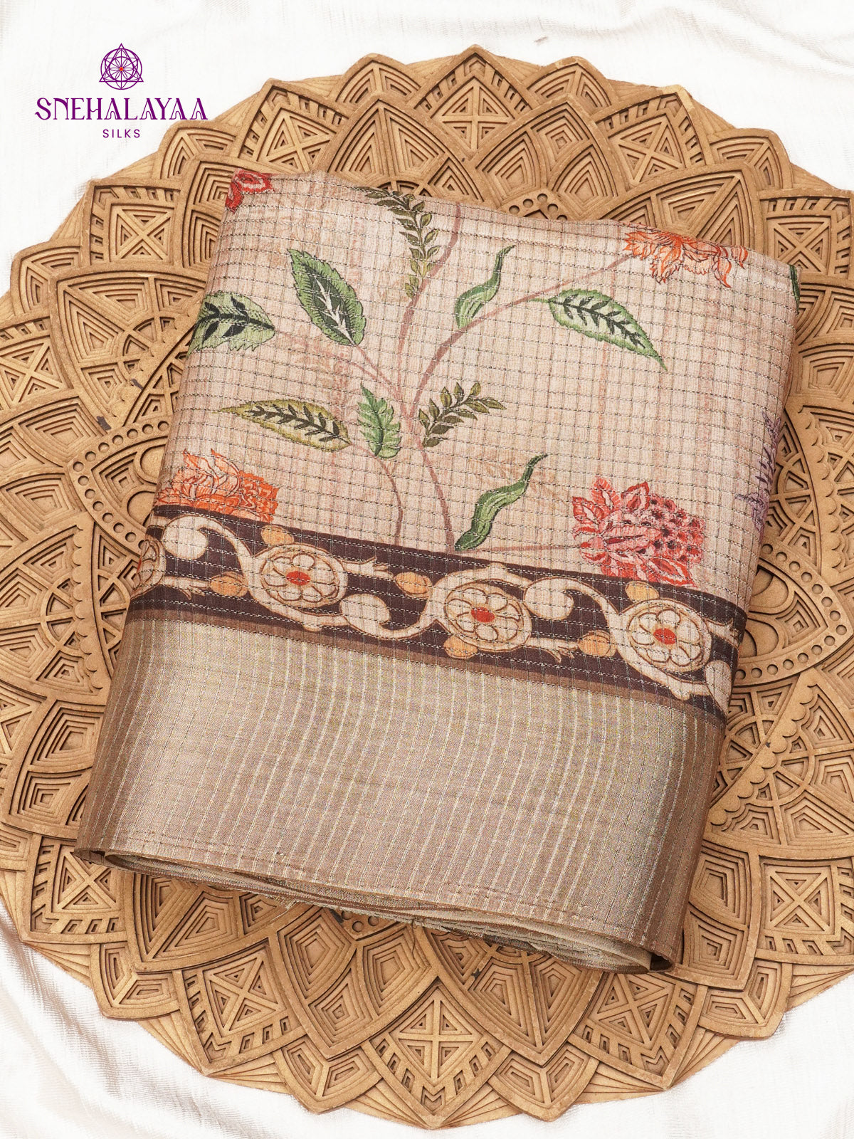 Beige Floral Printed Tussar Saree