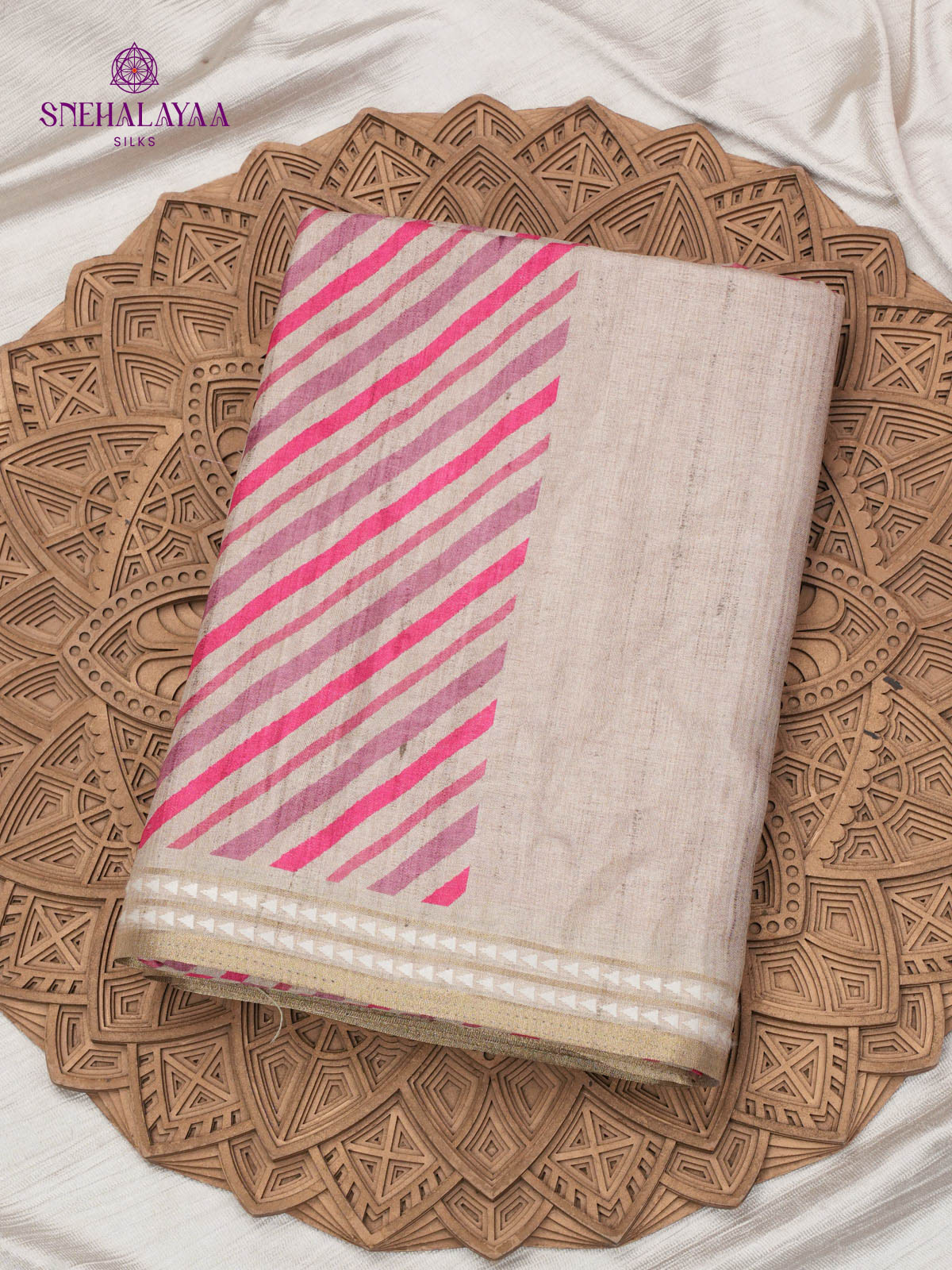 Off White Printed Tussar Saree