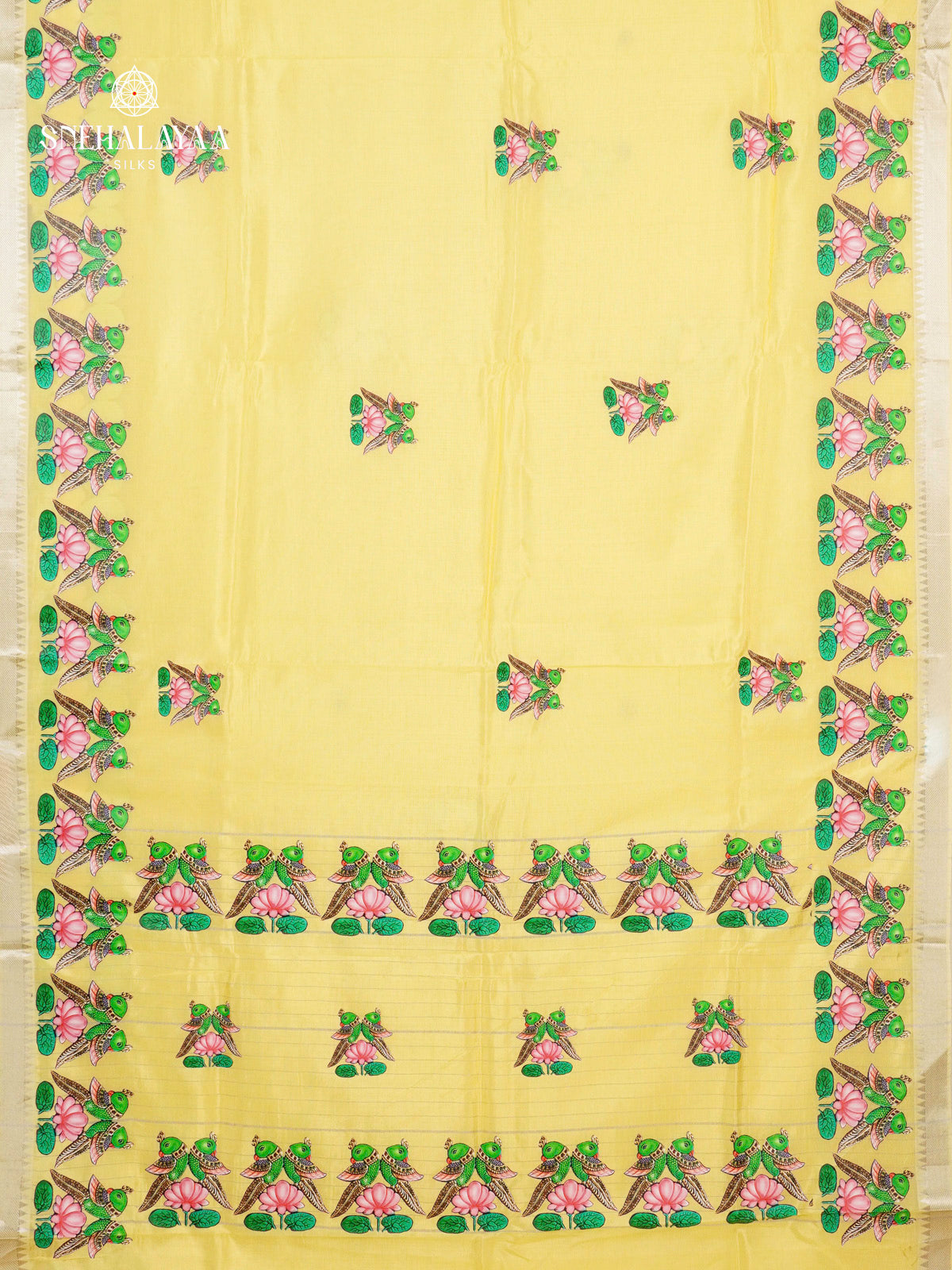 Yellow Mangalagiri Silk Cotton Saree with Tanjore Art Print