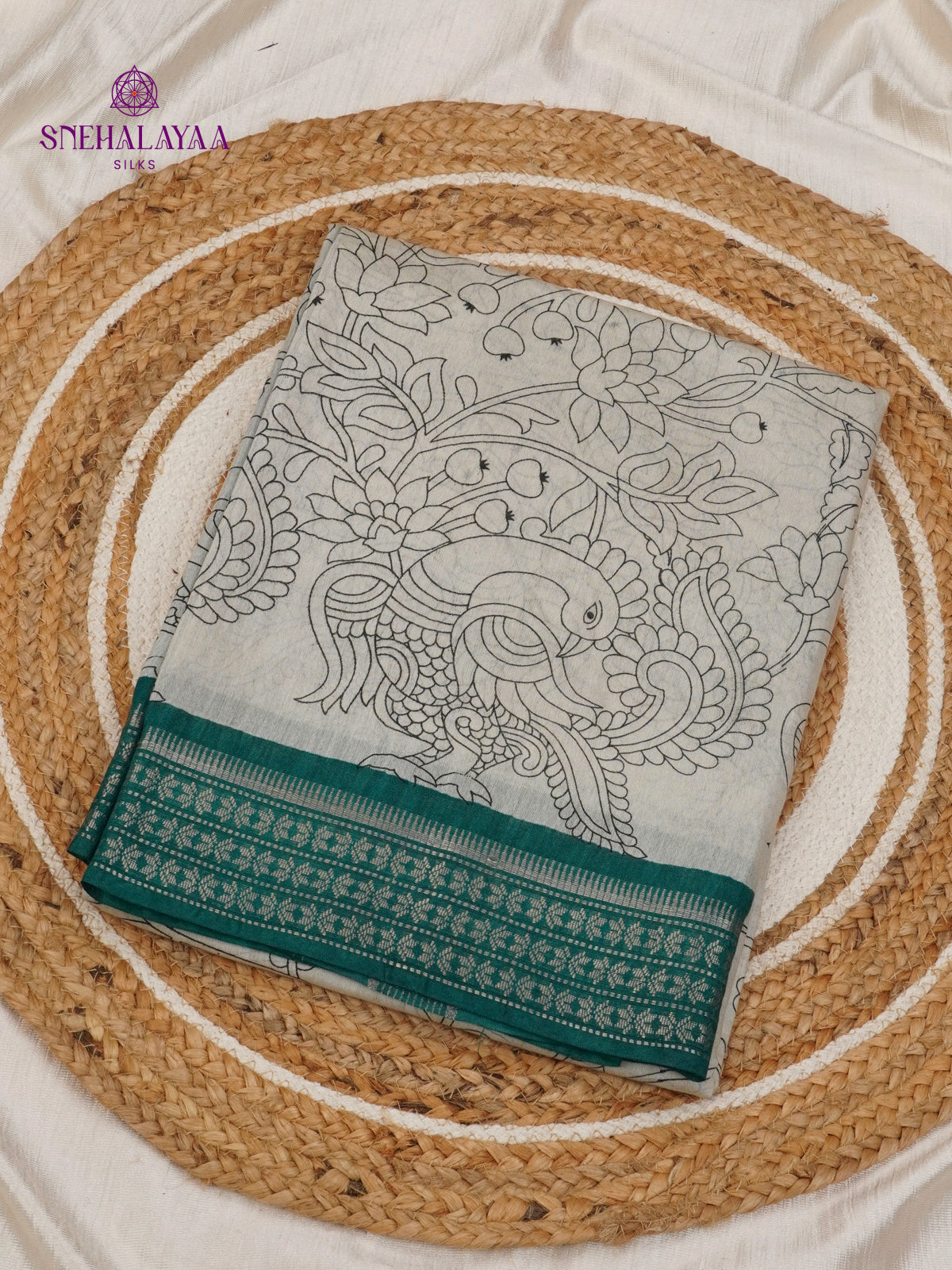 Off-White Kalamkari Saree with Teal Green Woven Border