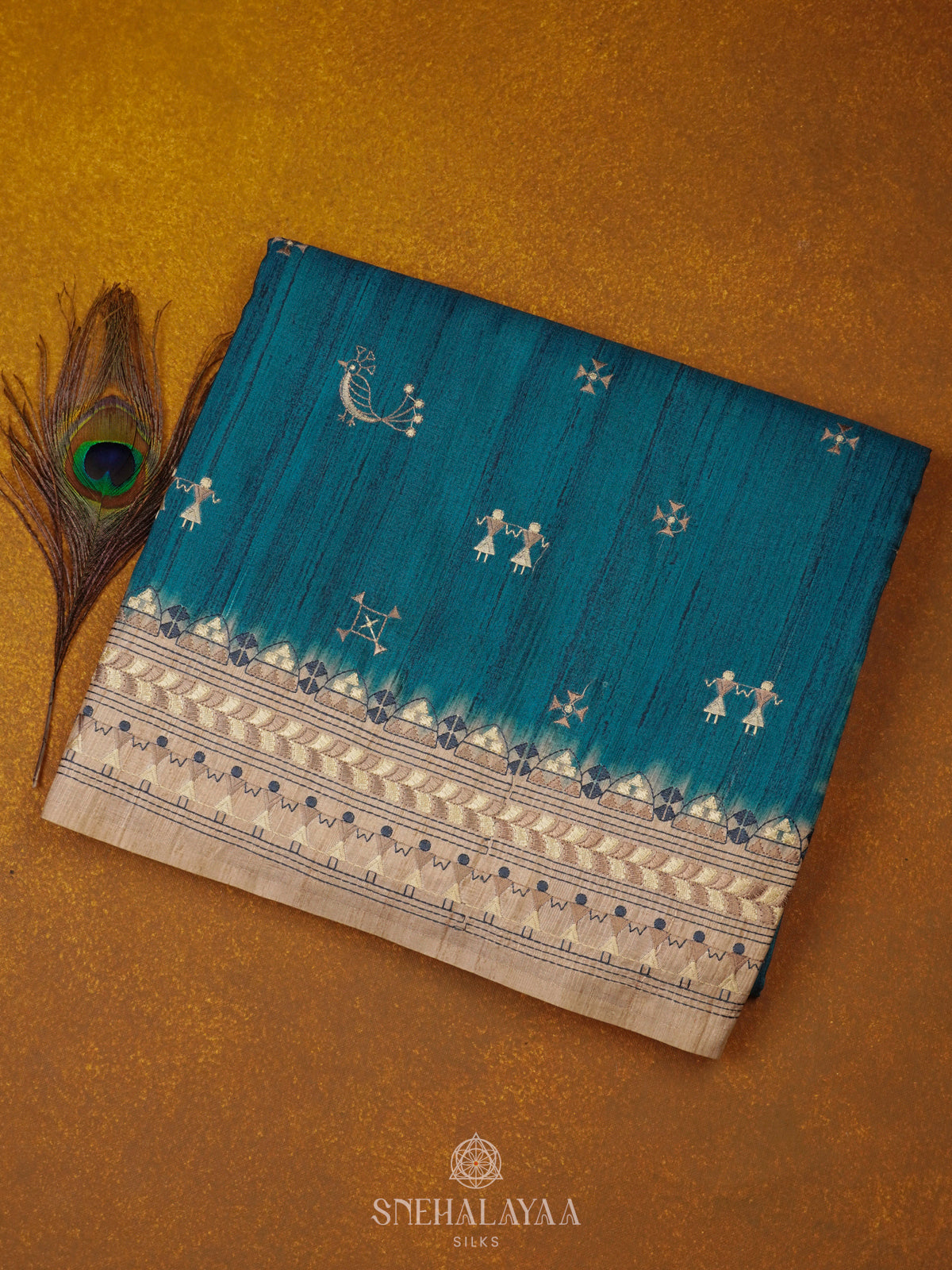 Peacock Blue Tussar Embroidery Saree
